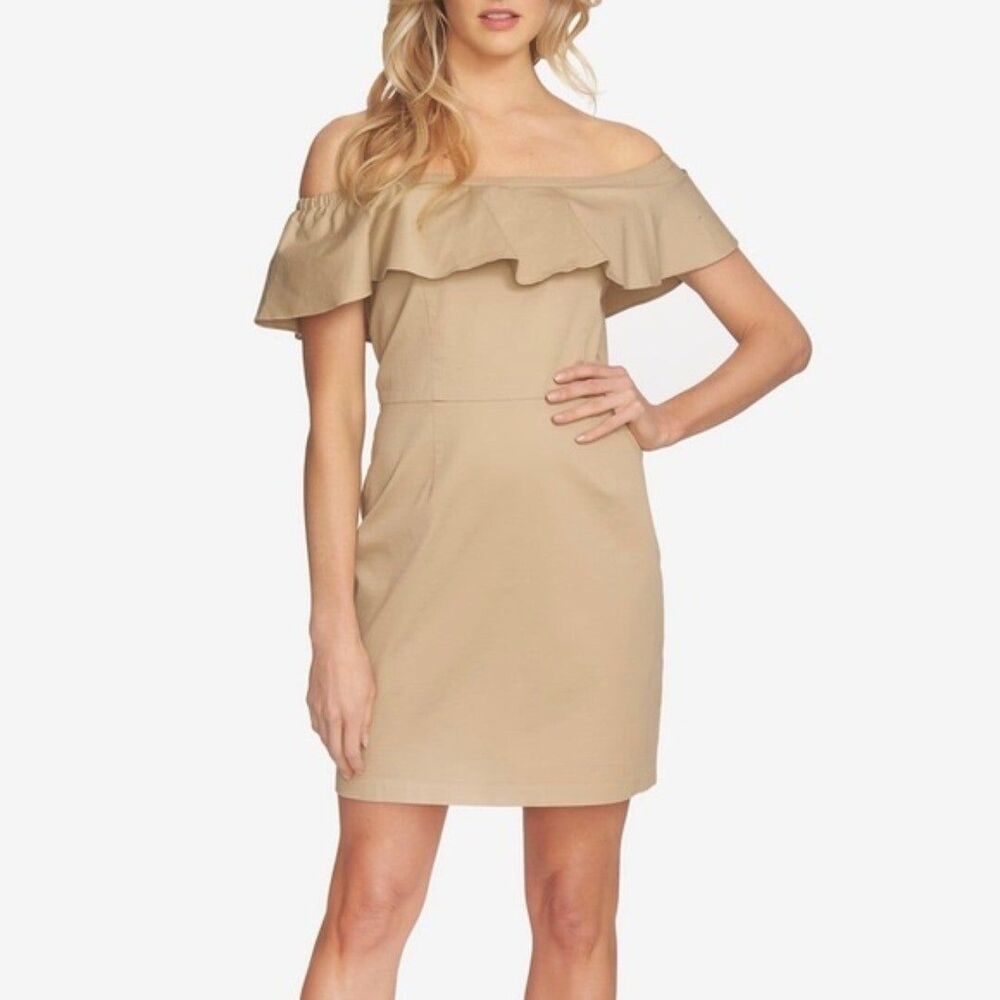 1.STATE Womens Khaki Off-Shoulder Above The Knee Sheath Dress